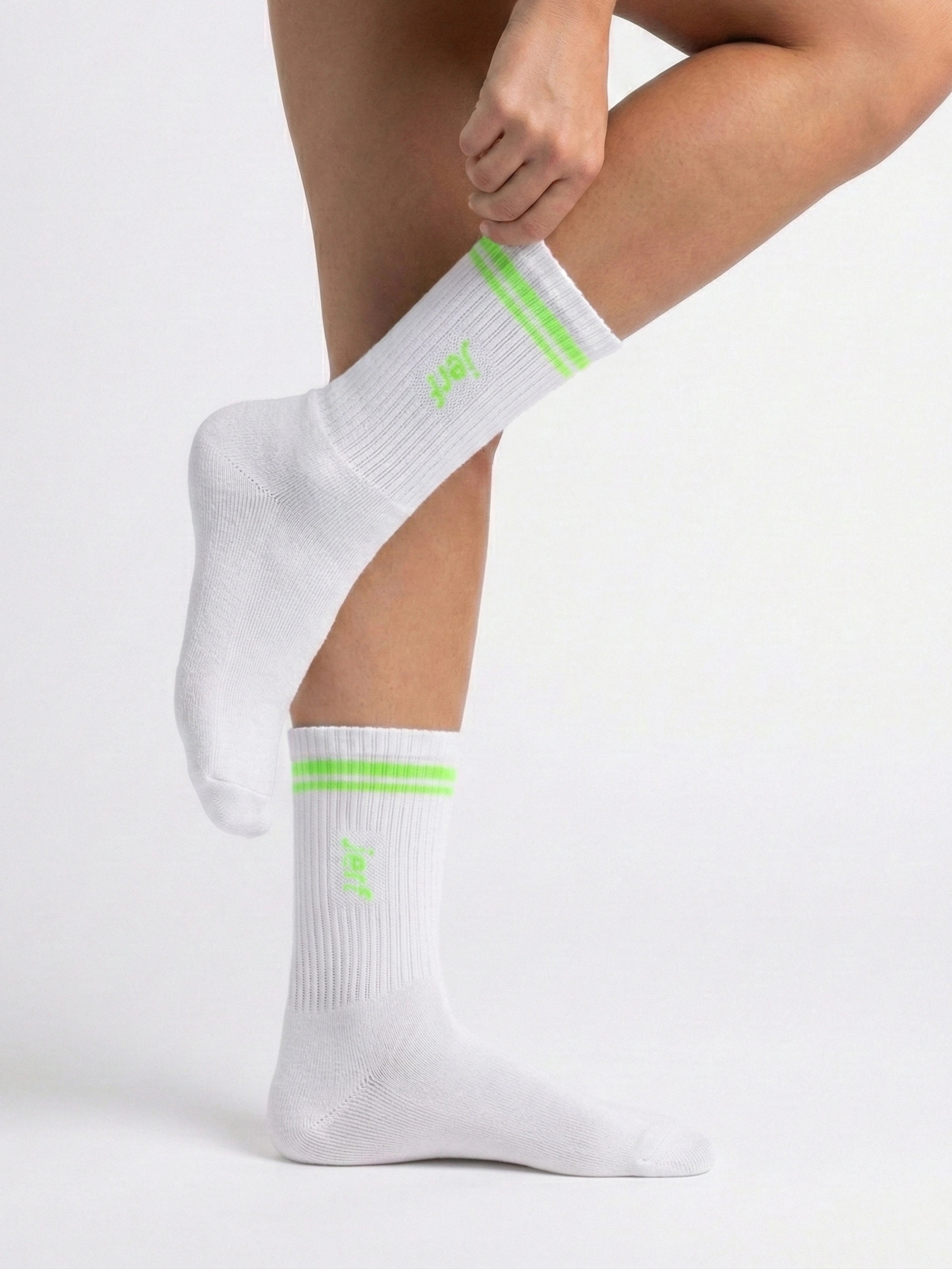 Soket Neon Çizgili Pamuk Çorap Beyaz_Neon Yeşil