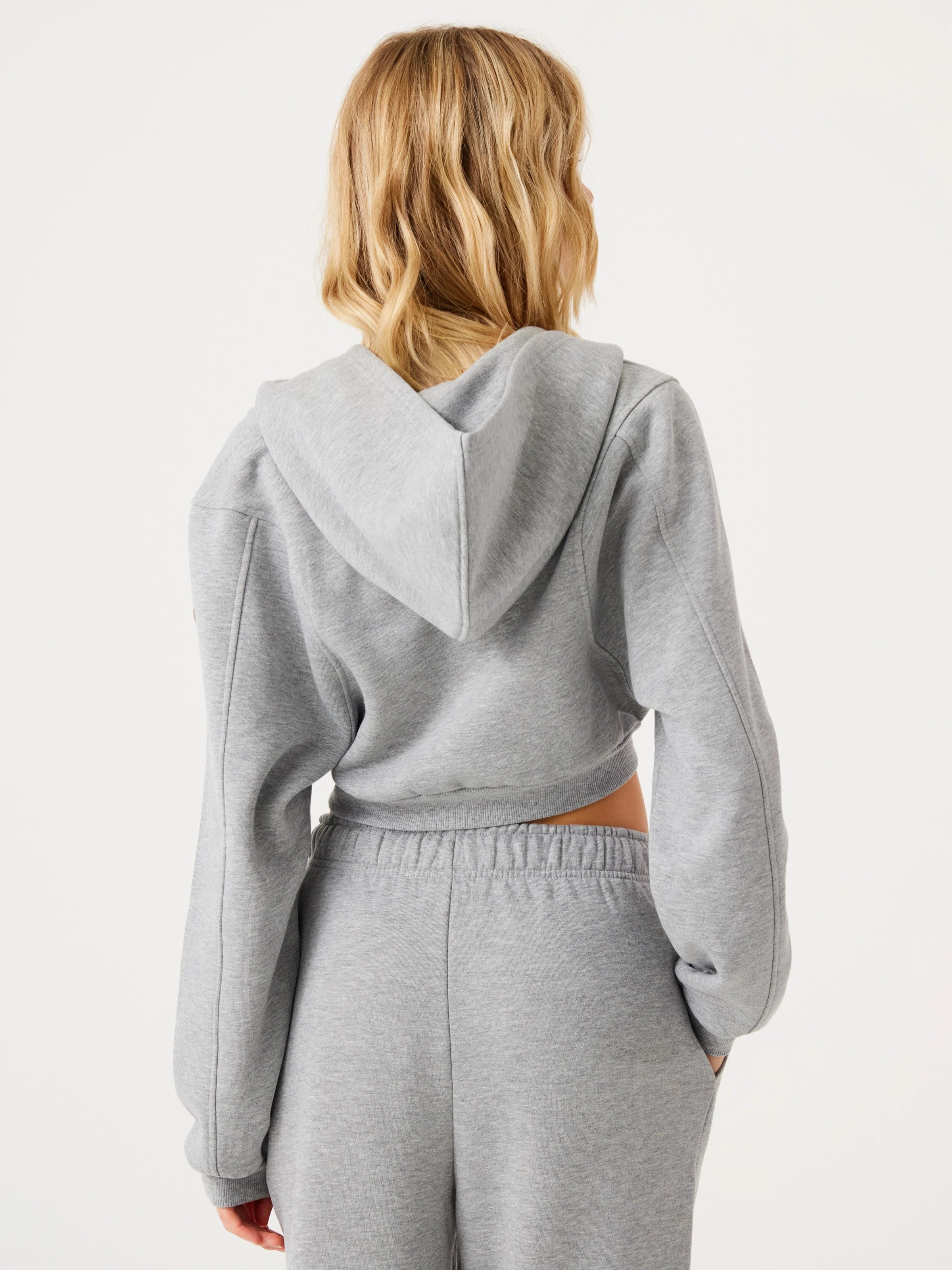 Aura Fermuarlı Crop Hoodie Gri Melanj