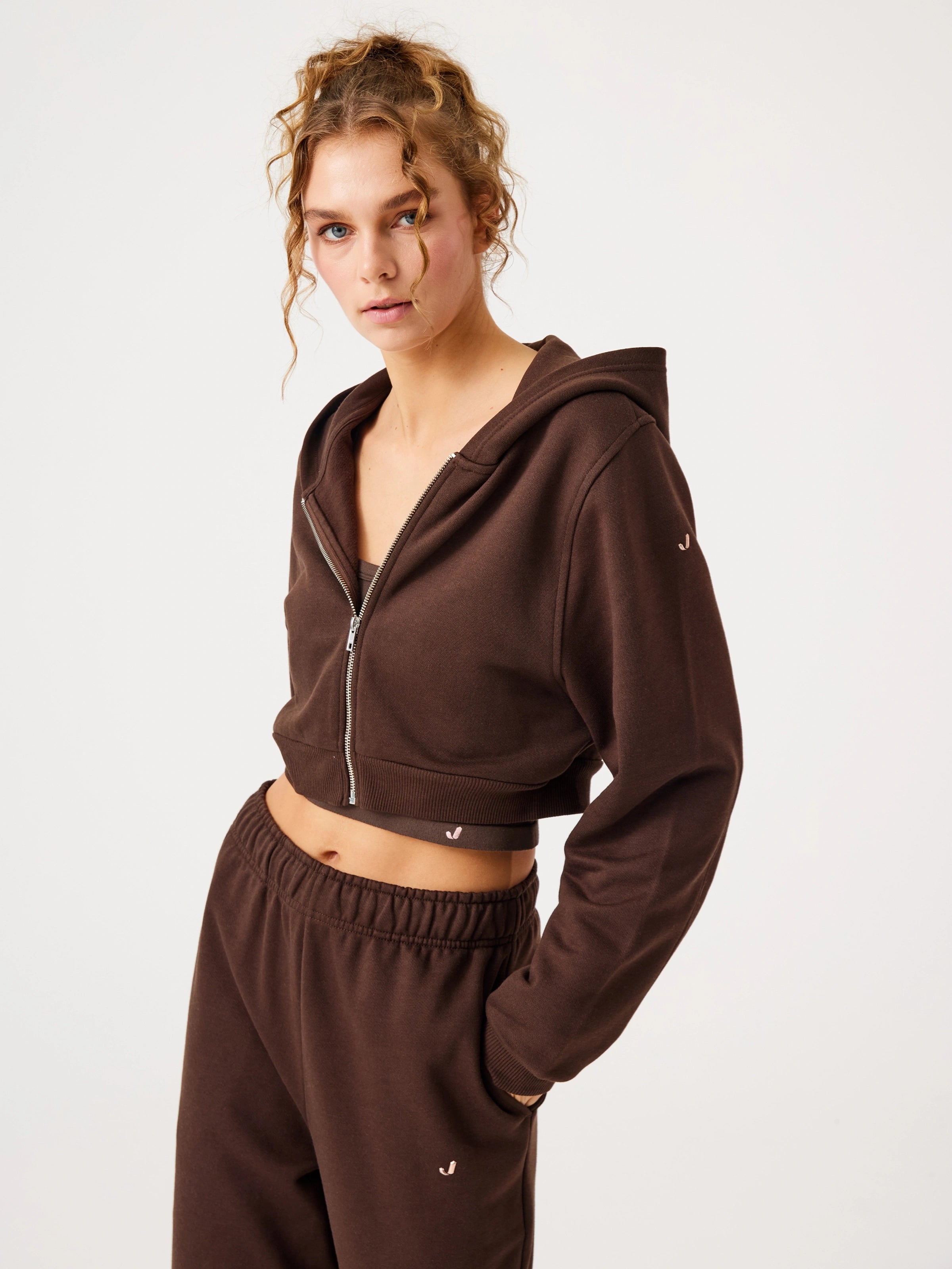 Aura Fermuarlı Crop Hoodie Kahverengi