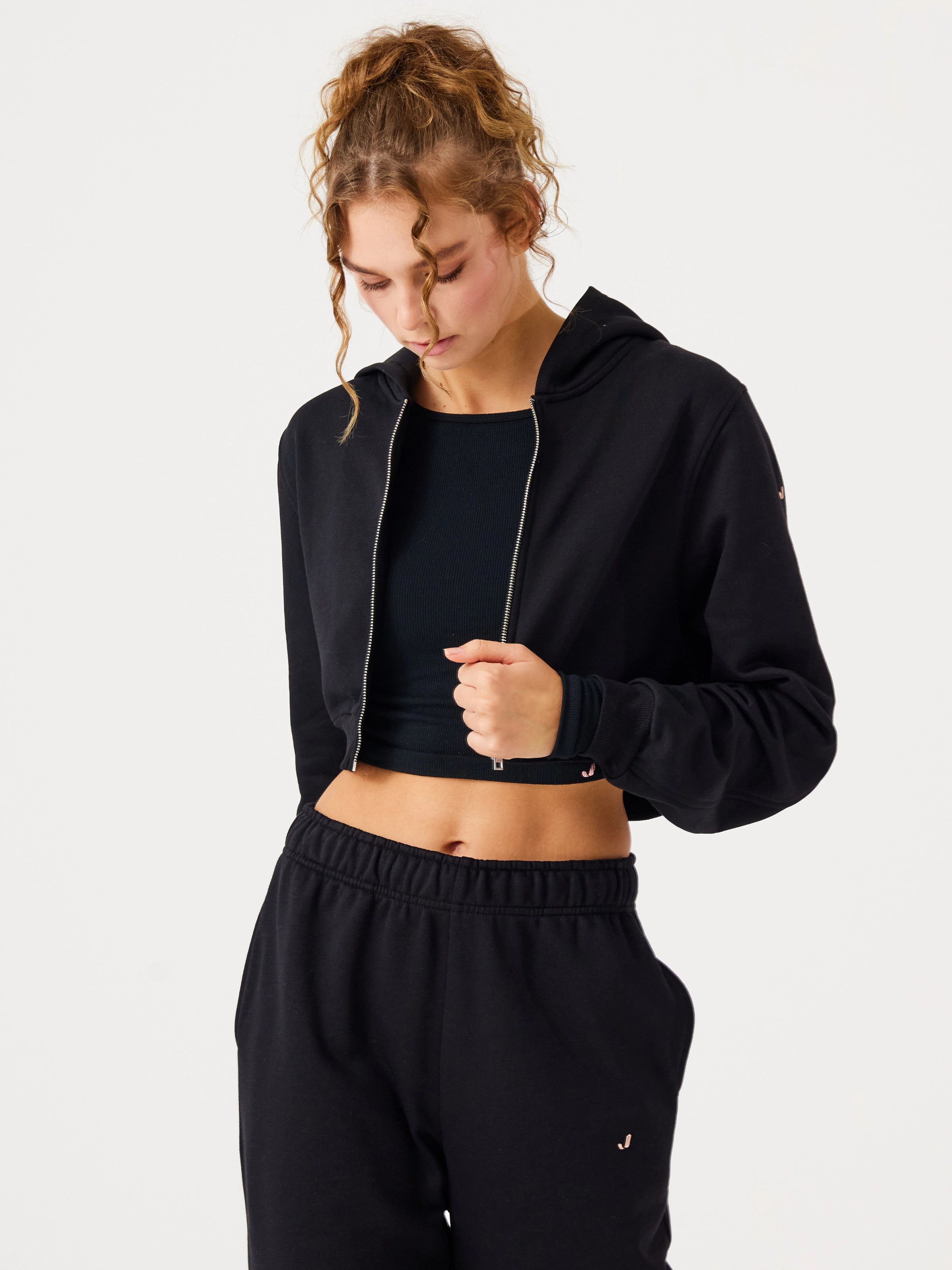 Aura Fermuarlı Crop Hoodie Siyah