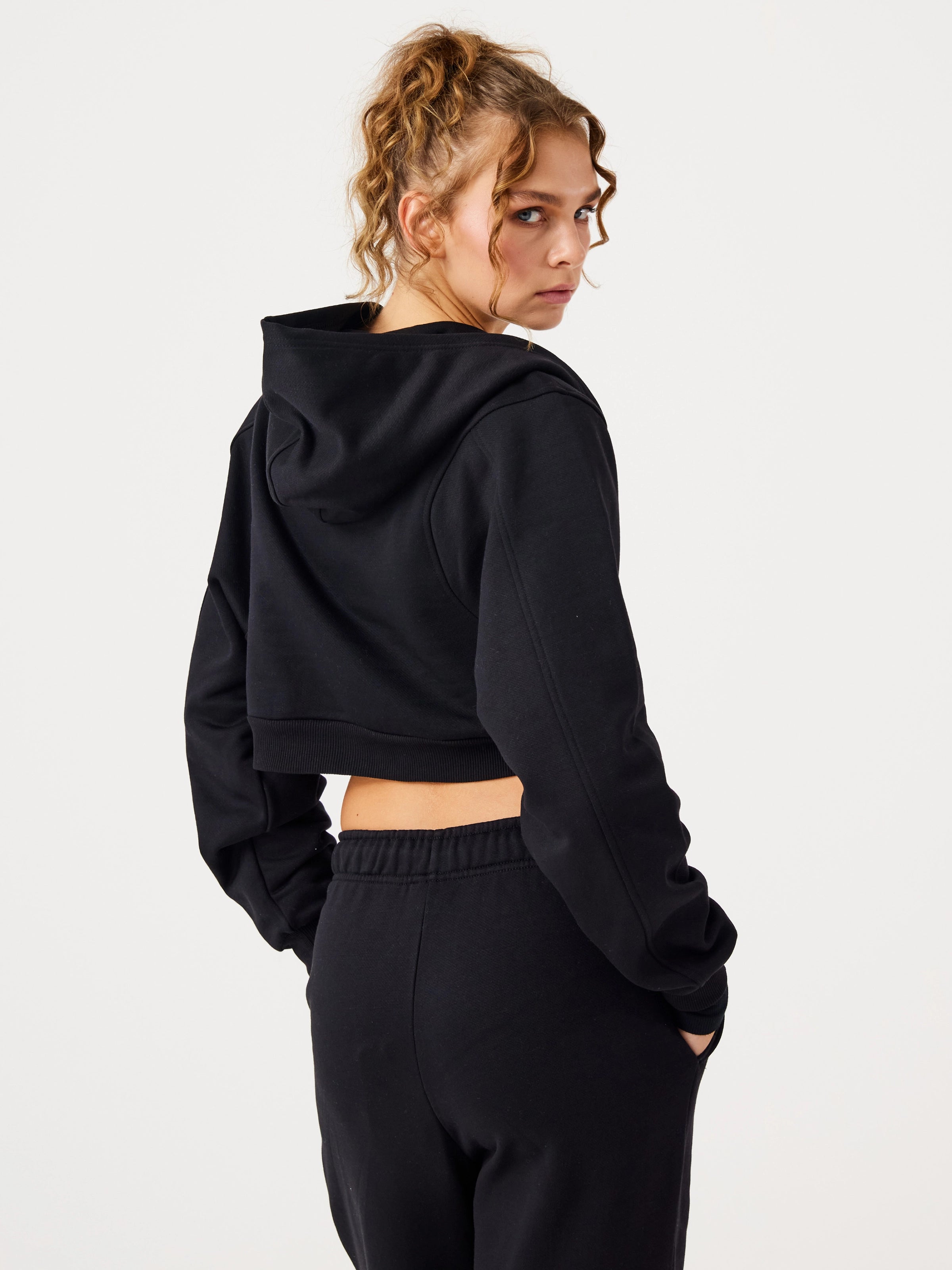 Aura Fermuarlı Crop Hoodie Siyah