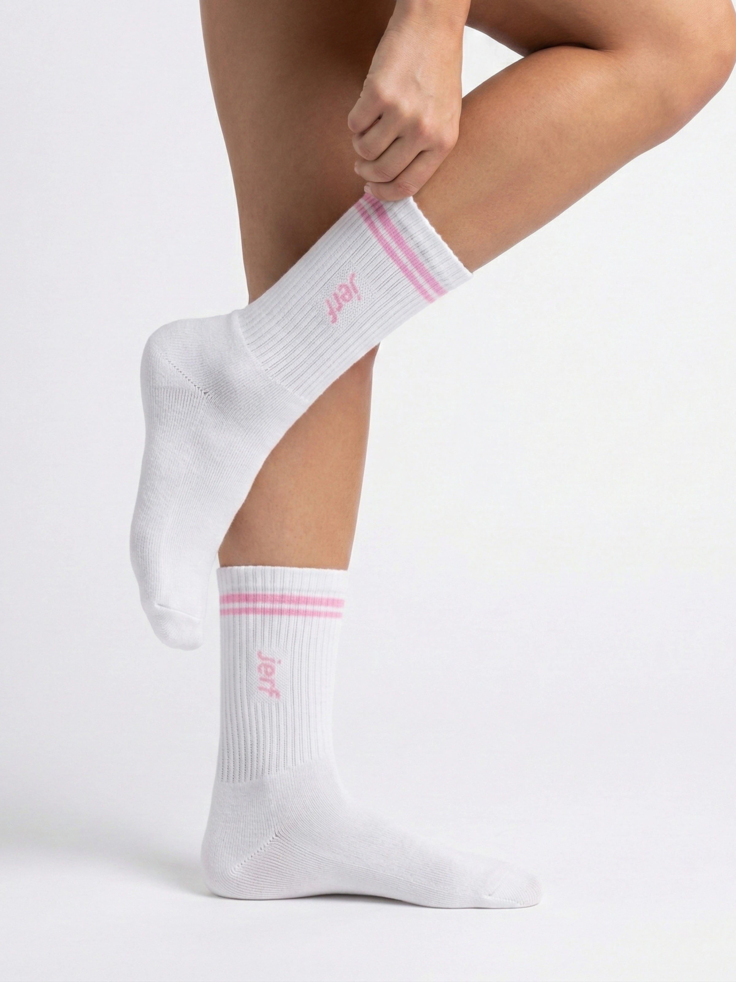 Soket Neon Çizgili Pamuk Çorap Beyaz_Neon Pembe