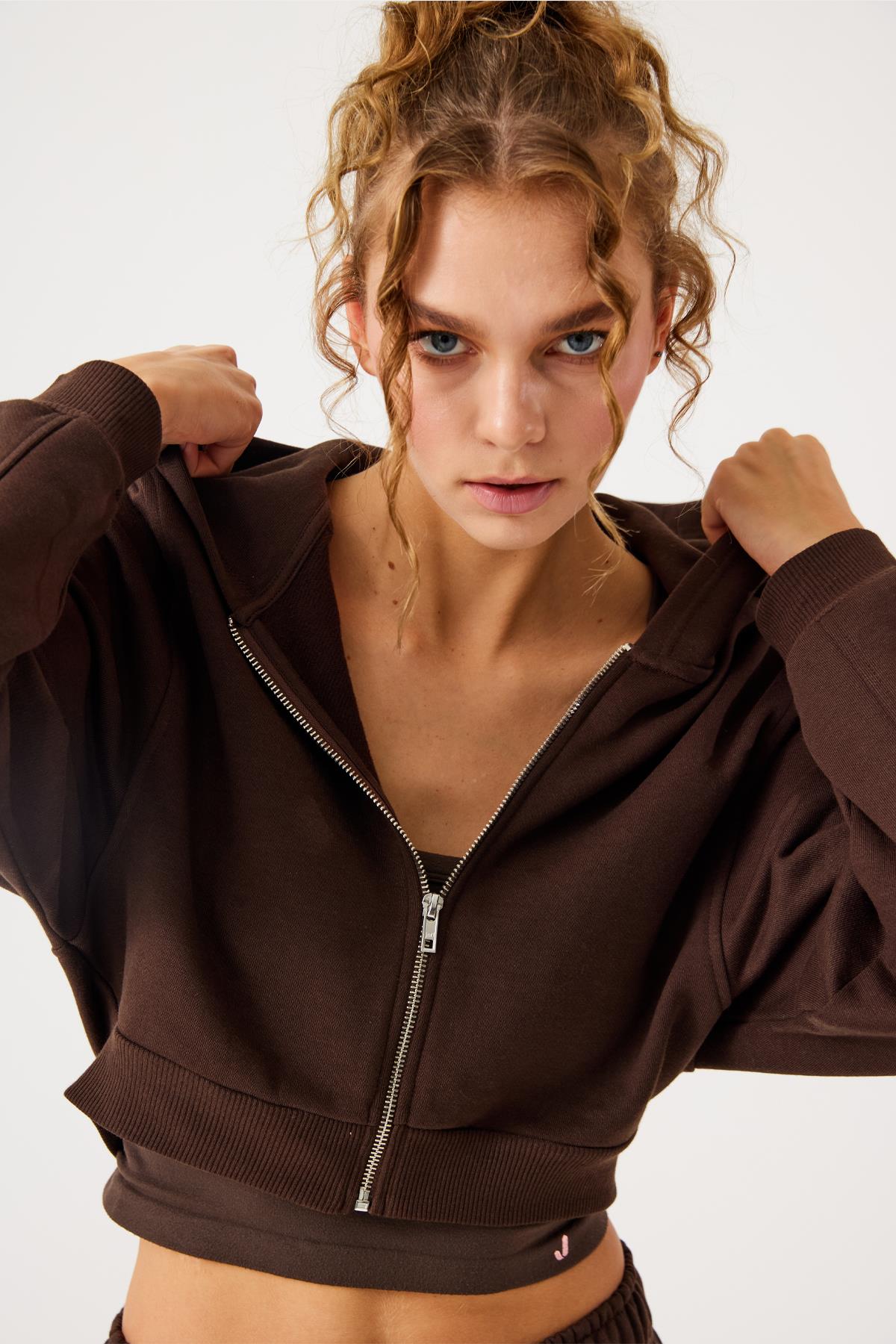 Aura Zippered Crop Hoodie Brown