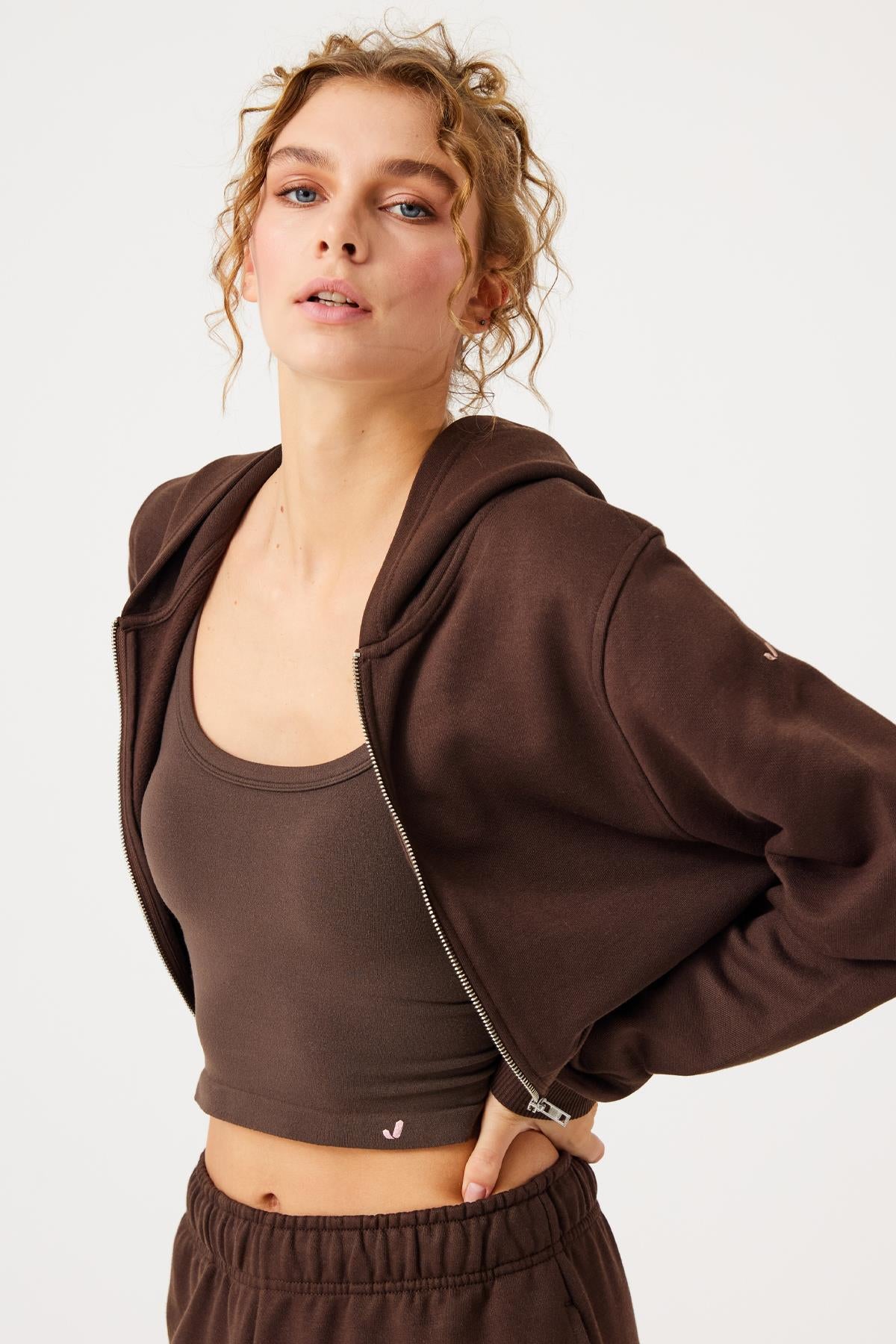 Aura Zippered Crop Hoodie Brown