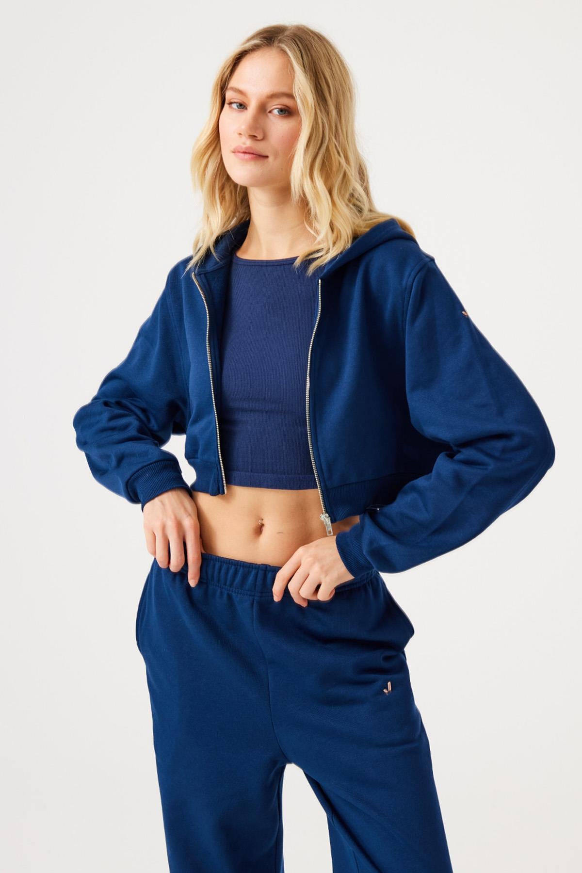 Aura Fermuarlı Crop Hoodie Lacivert