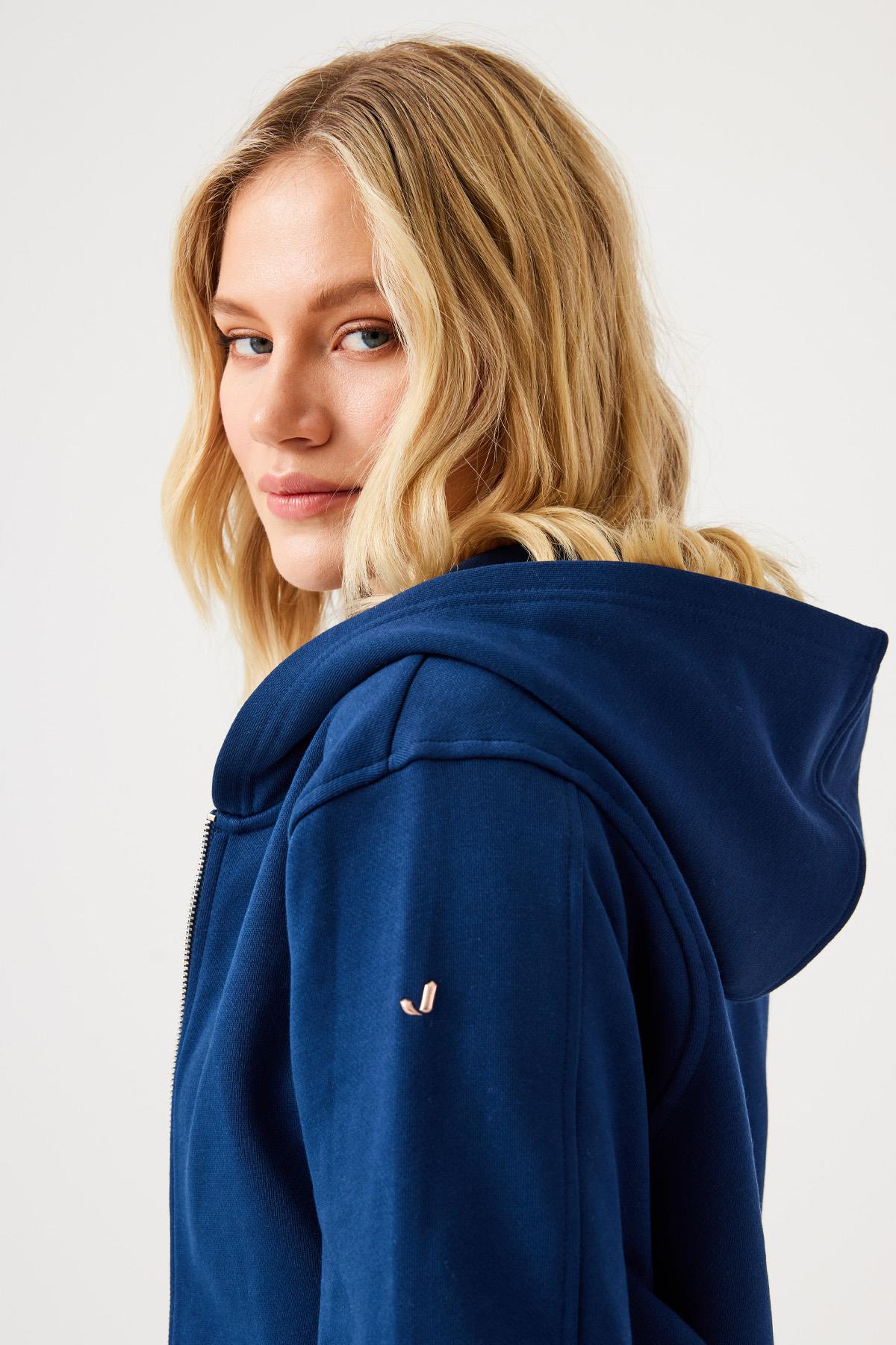 Aura Fermuarlı Crop Hoodie Lacivert
