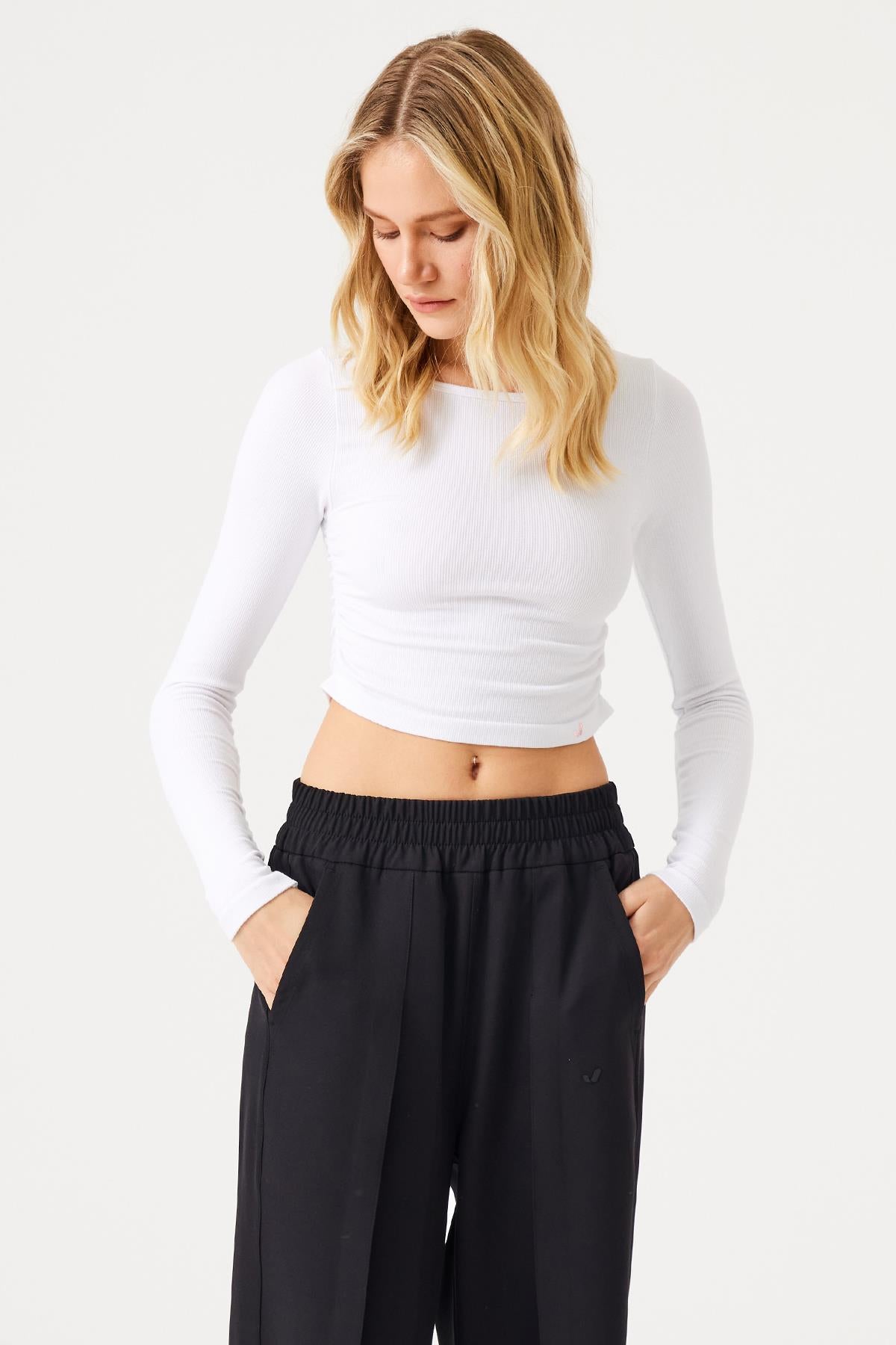 Aura Long Sleeve Shirred T-Shirt White