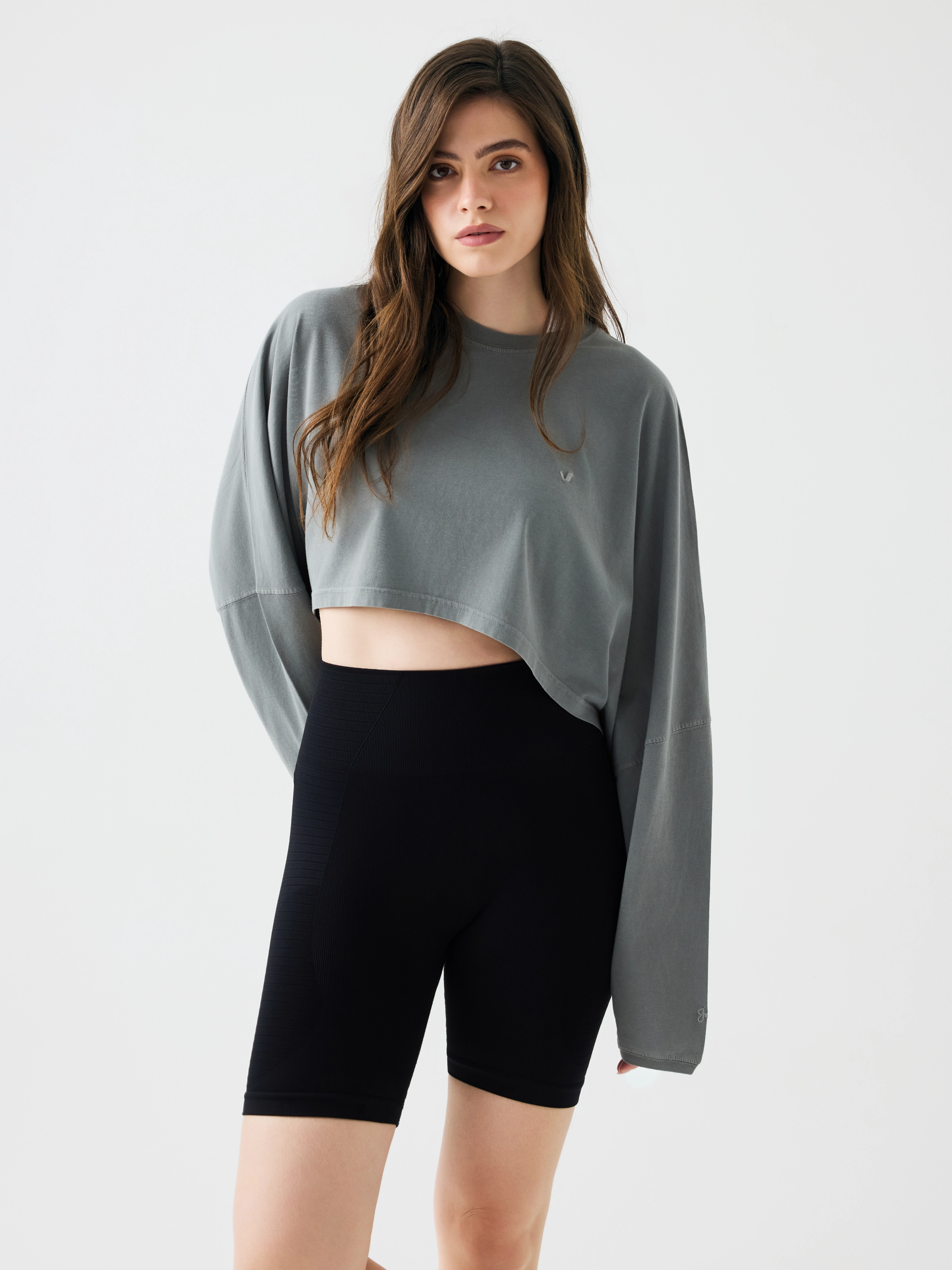 Aura Crop Long Sleeve T-Shirt Gri
