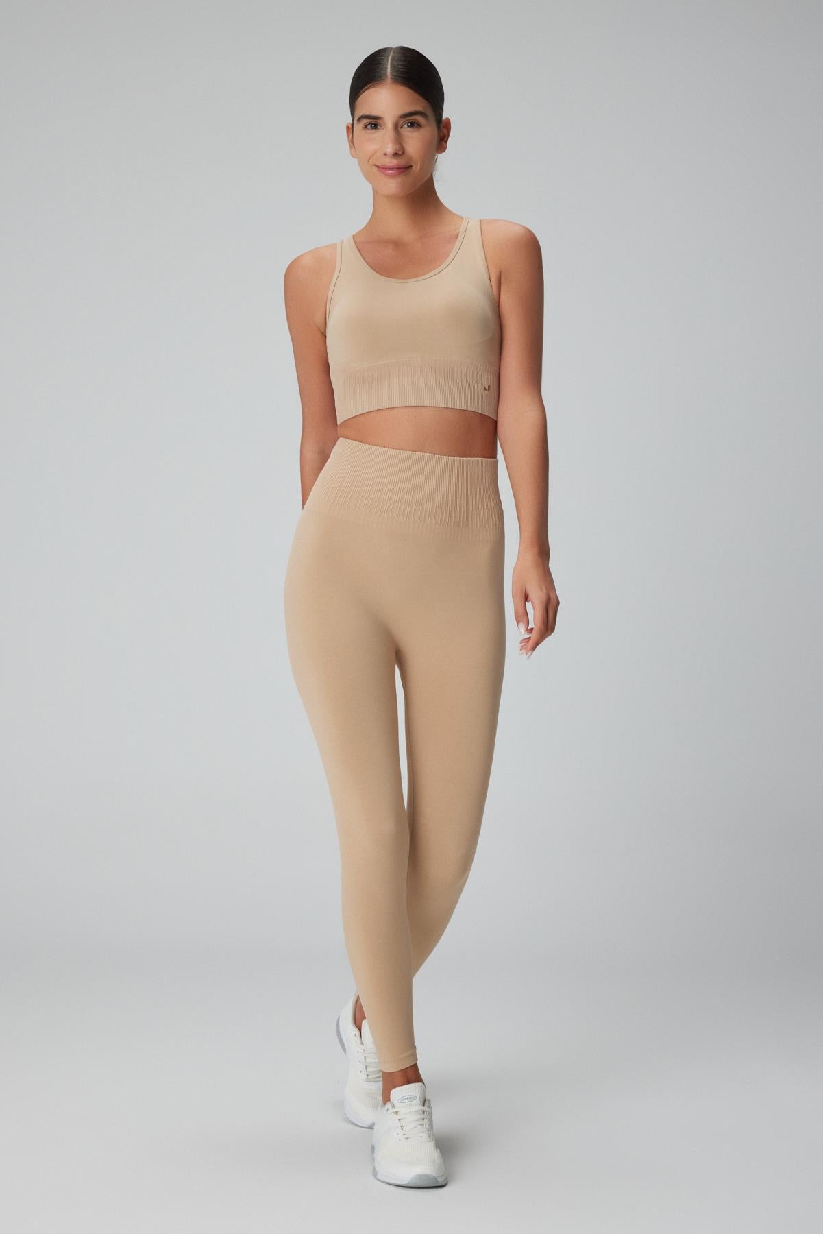 Luz Kemeri Rip Detaylı Yüksek Bel, Sıkılaştırıcı Tayt Bej