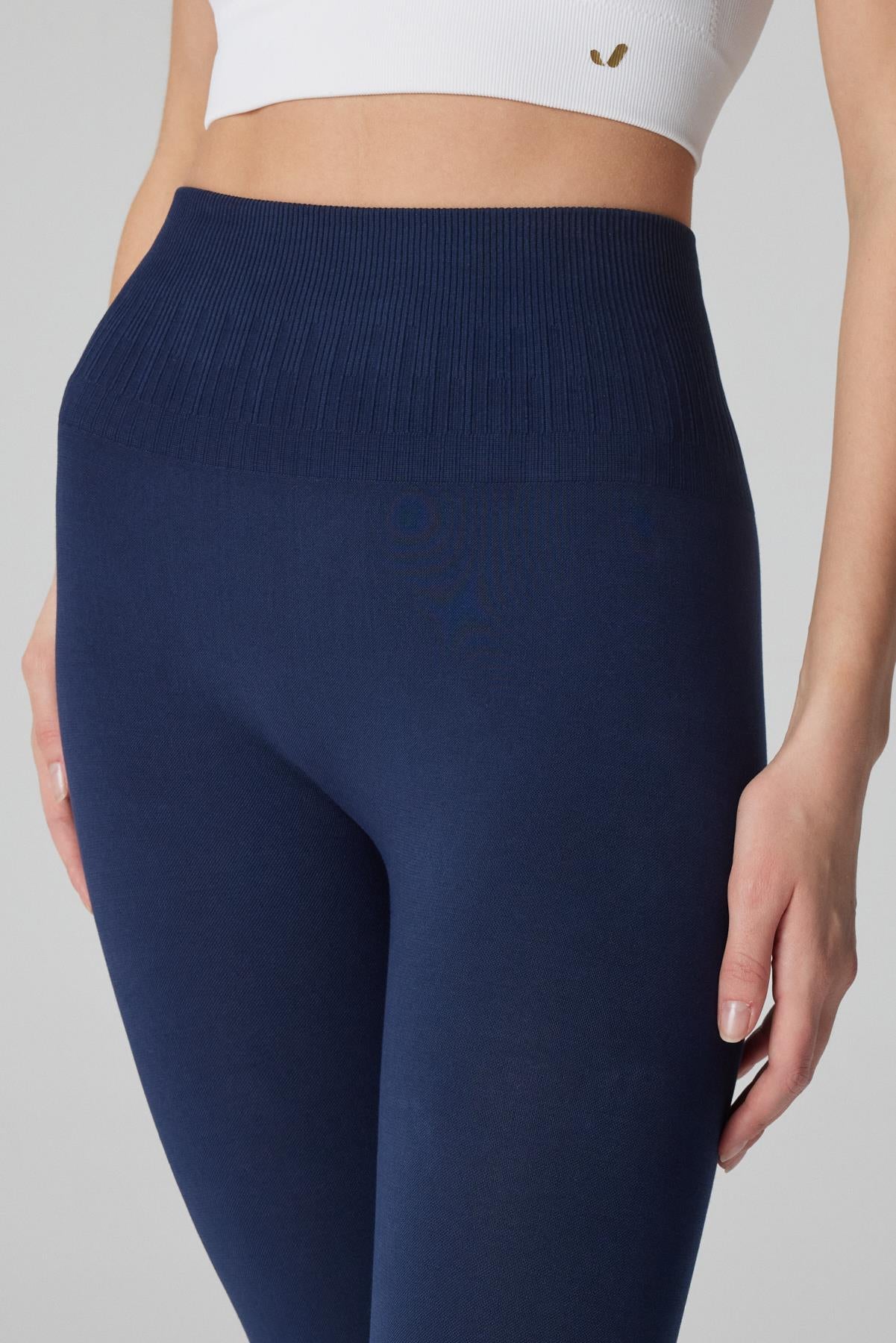 Luz High Waist Tight Leggings with Ripped Belt Detail Navy