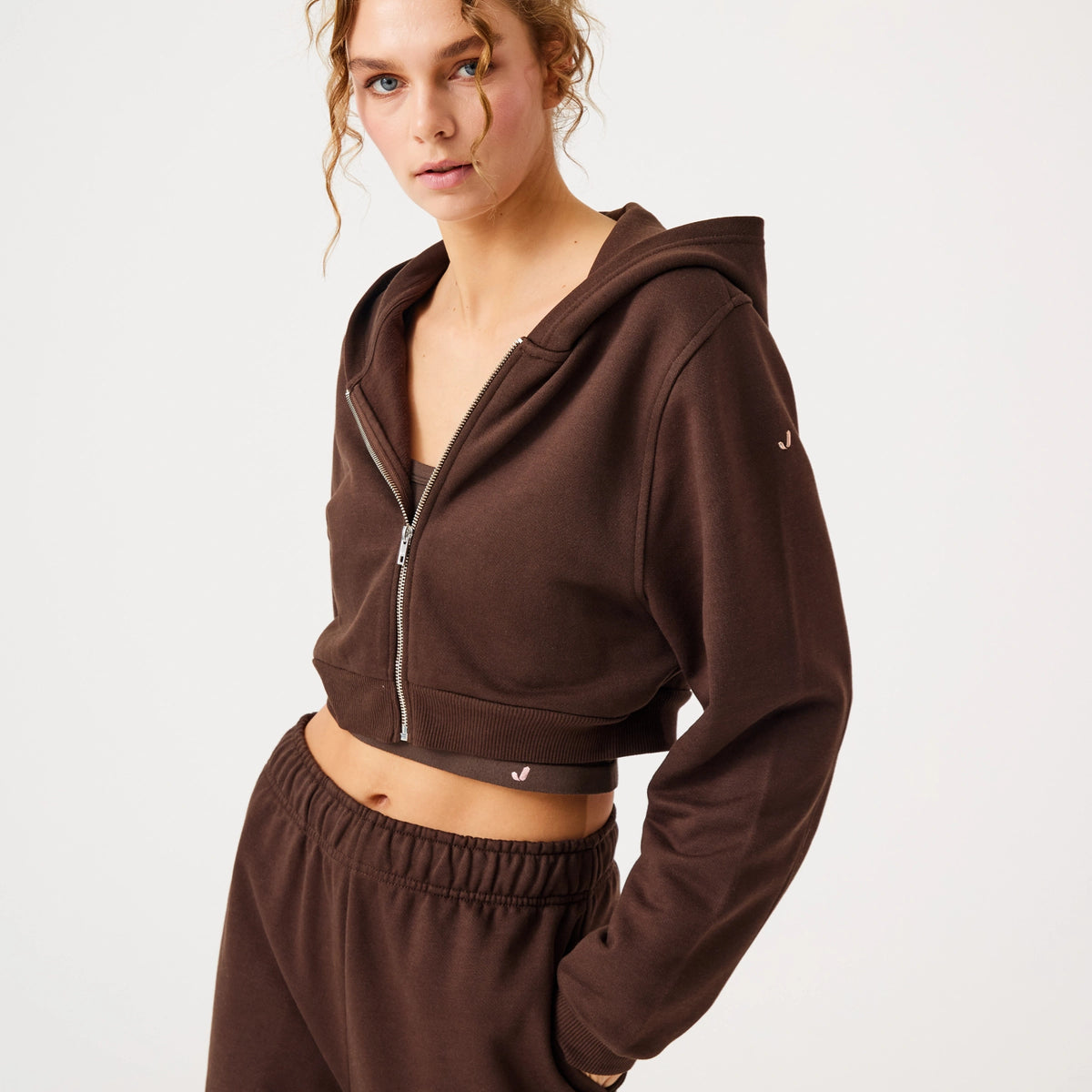Aura Fermuarlı Crop Hoodie Kahverengi