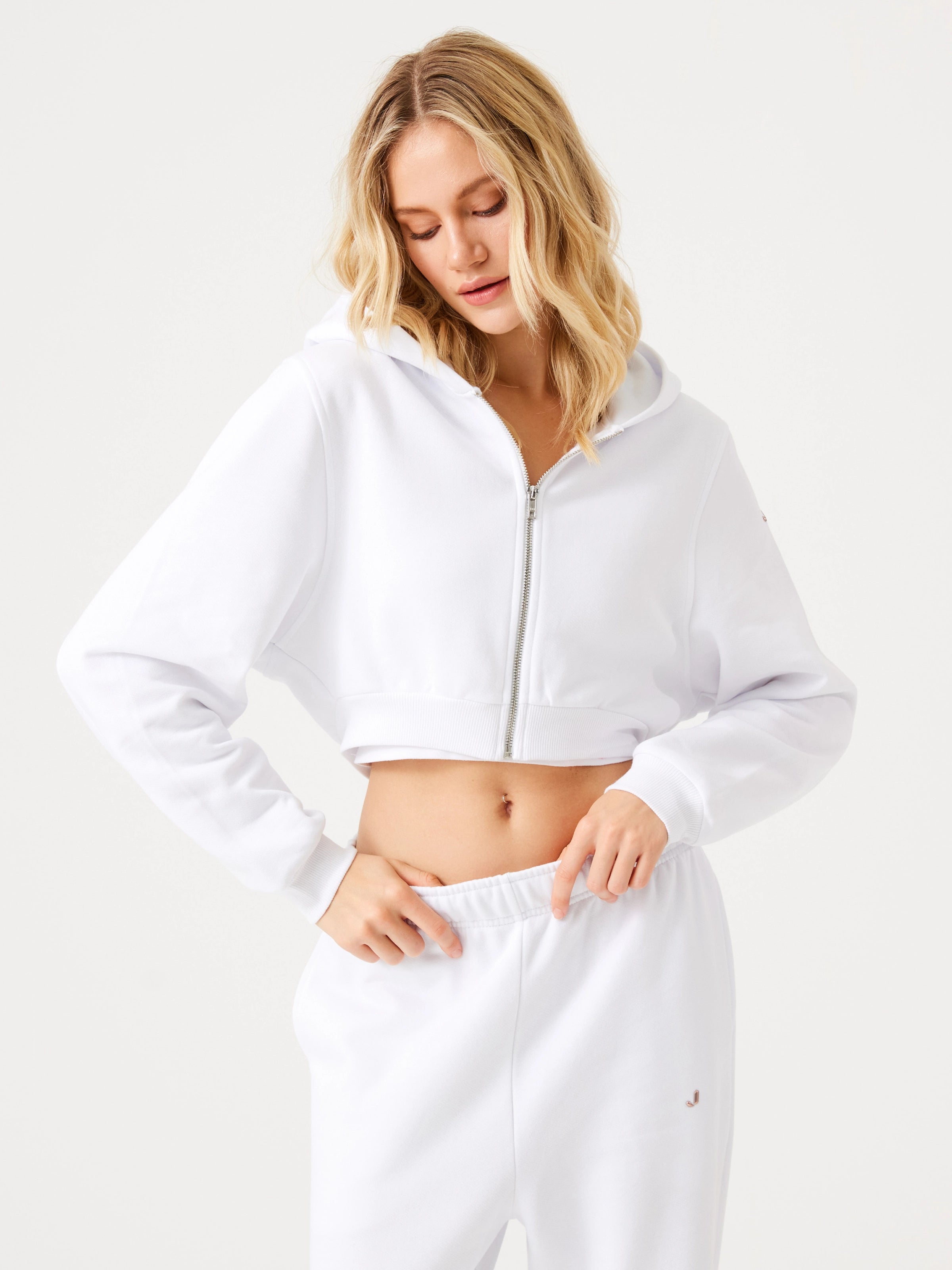 Aura Fermuarlı Crop Hoodie Beyaz