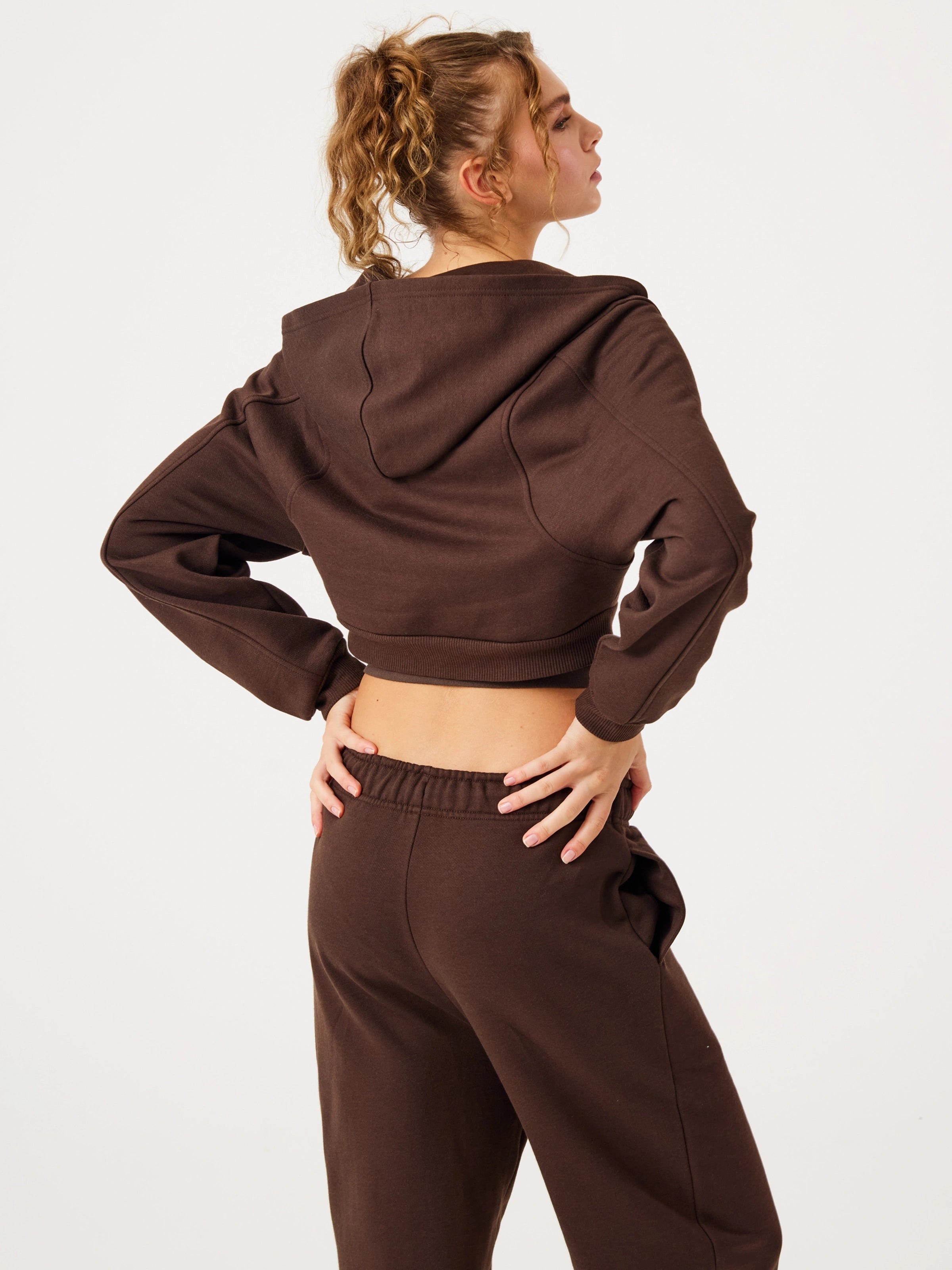 Aura Fermuarlı Crop Hoodie Kahverengi