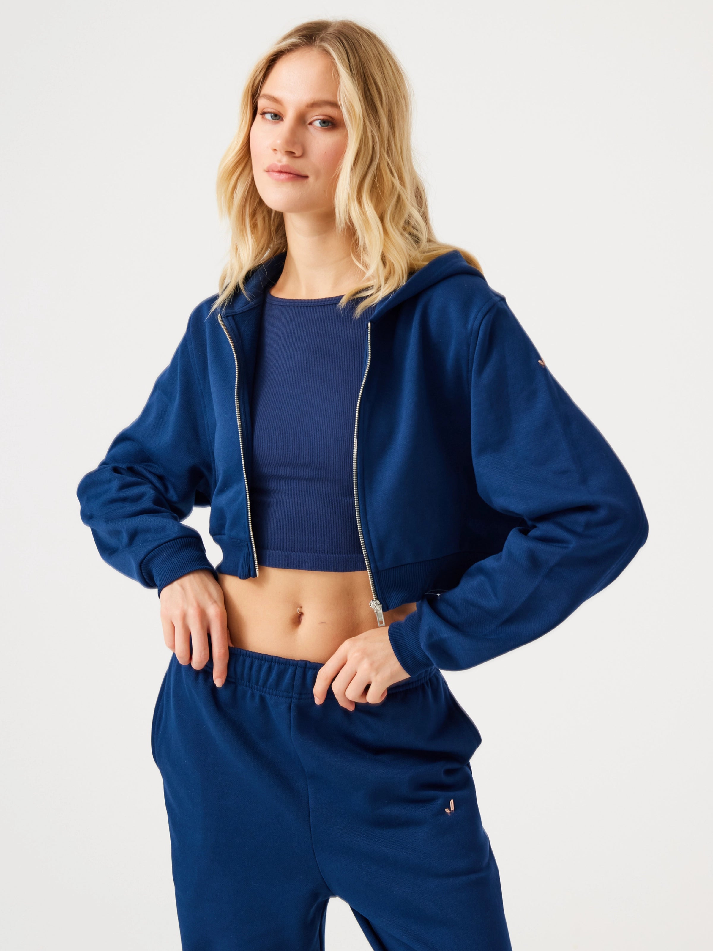 Aura Fermuarlı Crop Hoodie Lacivert