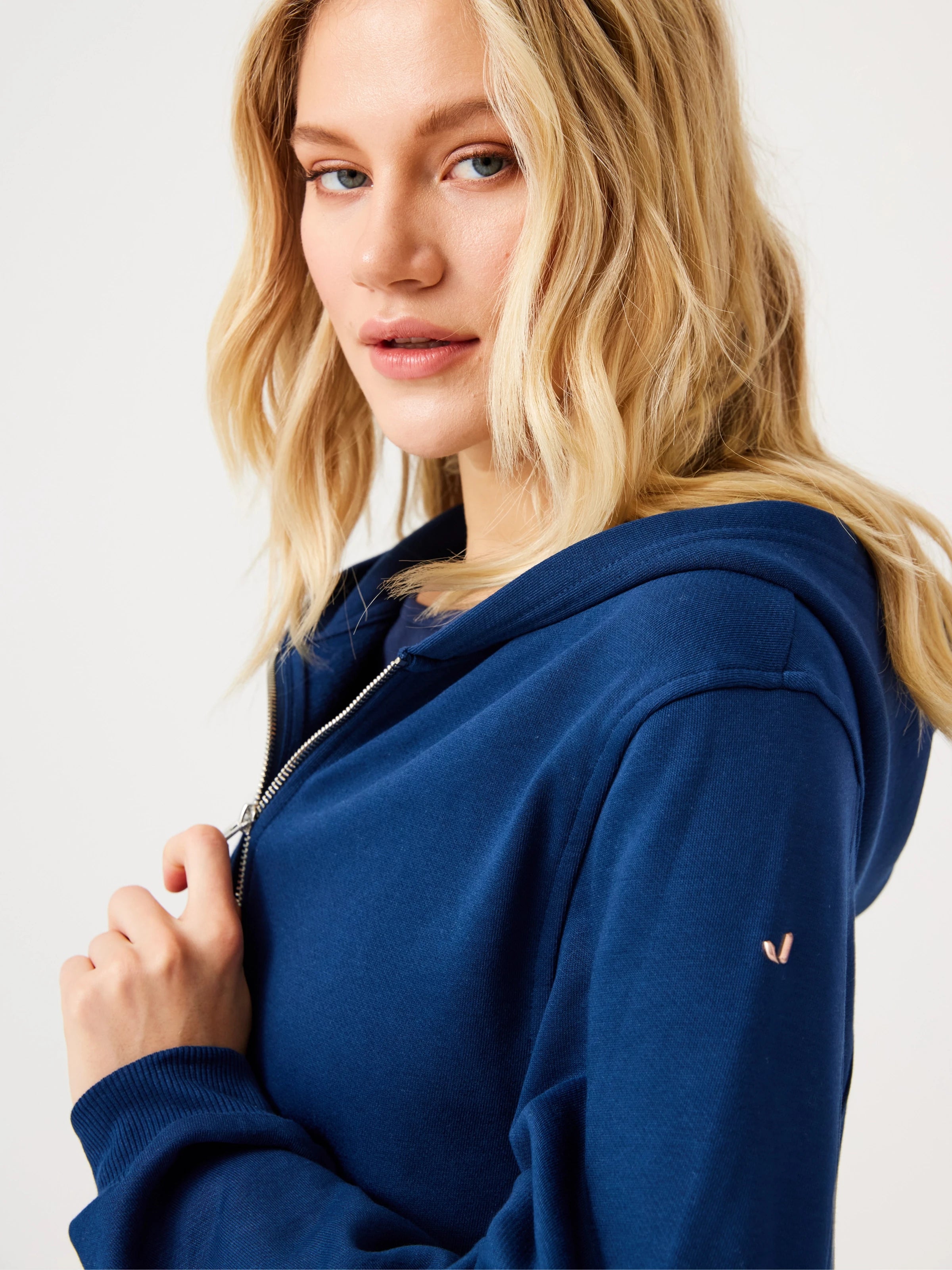 Aura Fermuarlı Crop Hoodie Lacivert