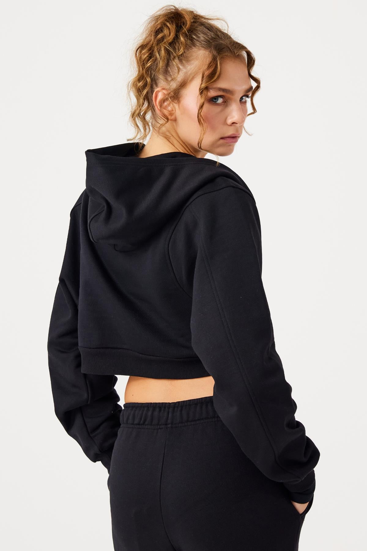 Aura Fermuarlı Crop Hoodie Siyah