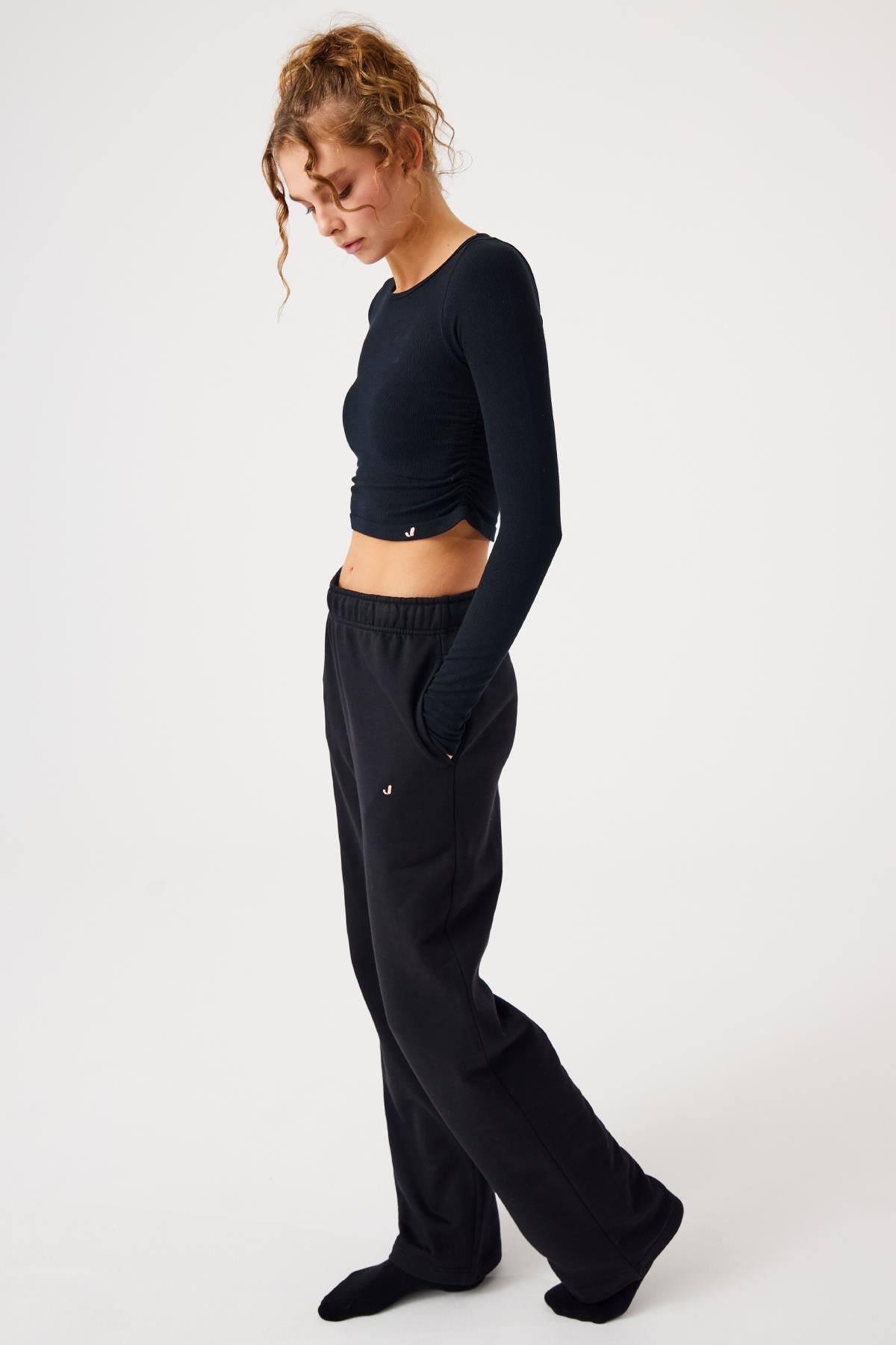Aura Long Sleeve Shirred T-Shirt Black