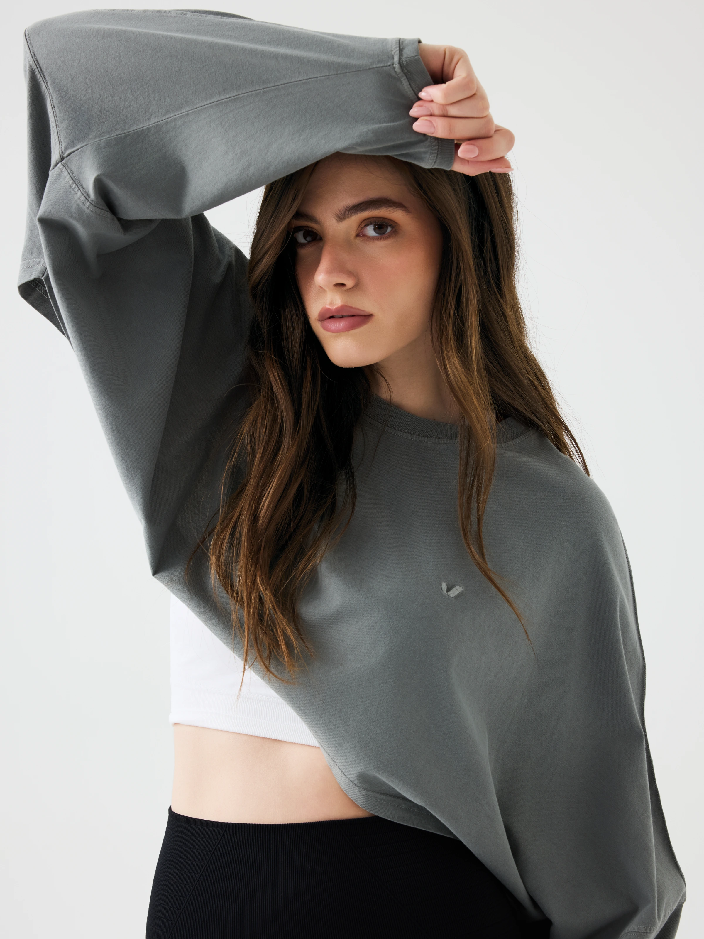 Aura Crop Long Sleeve T-Shirt Gri