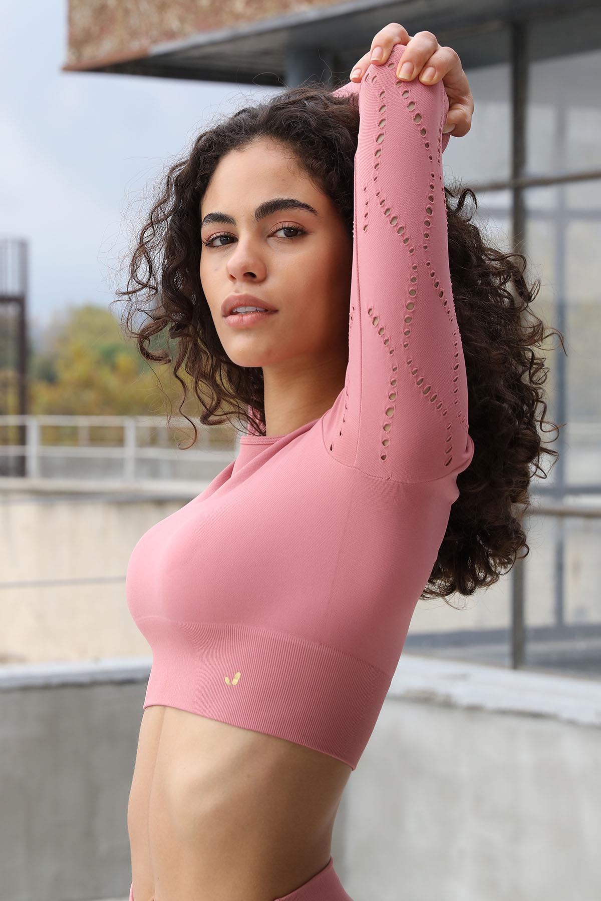 Naples Uzun Kol Crop Top Econyl Pembe